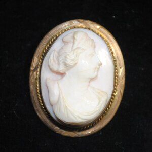 Antique Carved Shell Cameo Brooch with Engraved Gold-plated Setting